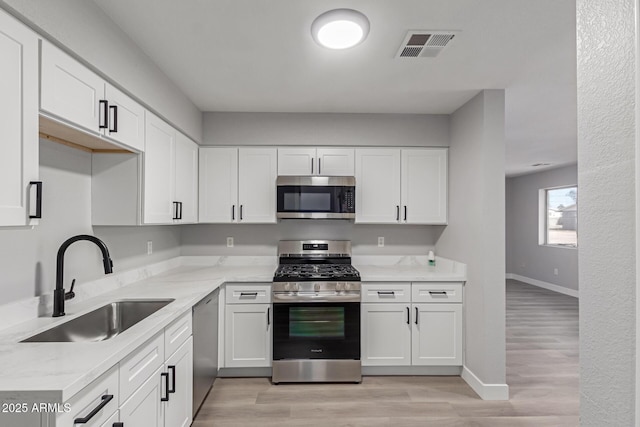 kitchen featuring light stone counters, sink, white cabinets, and appliances with stainless steel finishes