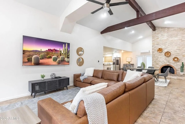 16436 N 64th Pl, Scottsdale, AZ 85254 - living room with a ceiling fan, a fireplace, light tile patterned floors, and baseboards