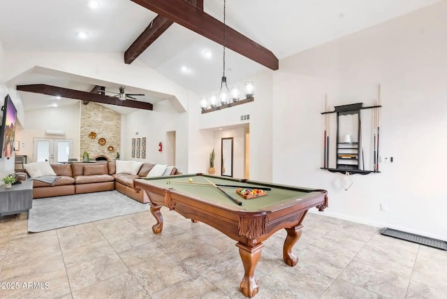 16436 N 64th Pl, Scottsdale, AZ 85254 - rec room featuring beam ceiling, ceiling fan, high vaulted ceiling, pool table, and baseboards