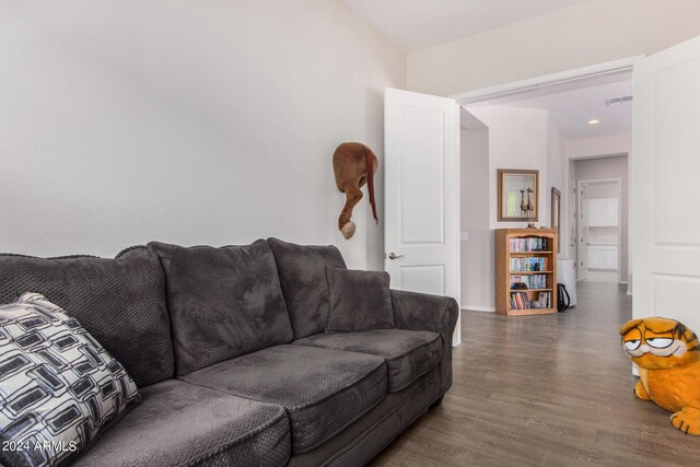 living room featuring dark wood-type flooring