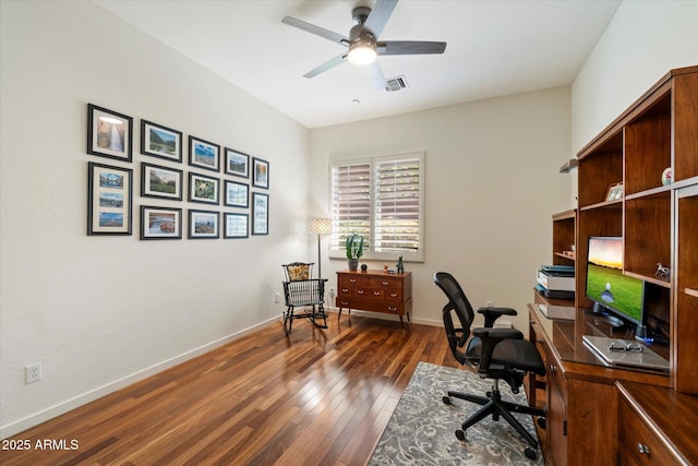 14037 E Coyote Rd, Scottsdale, AZ 85259 - home office featuring visible vents, hardwood / wood-style flooring, baseboards, and ceiling fan