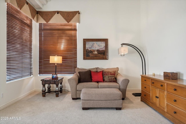 living area featuring light carpet