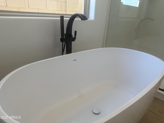 interior details featuring a freestanding tub and a sink