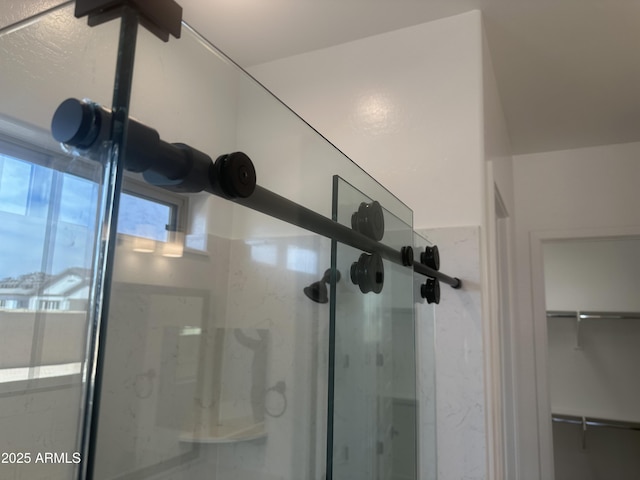 details featuring a spacious closet and a stall shower
