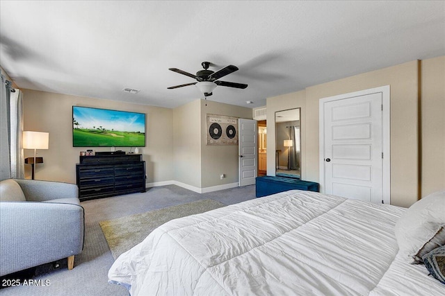bedroom featuring visible vents, a ceiling fan, carpet, and baseboards