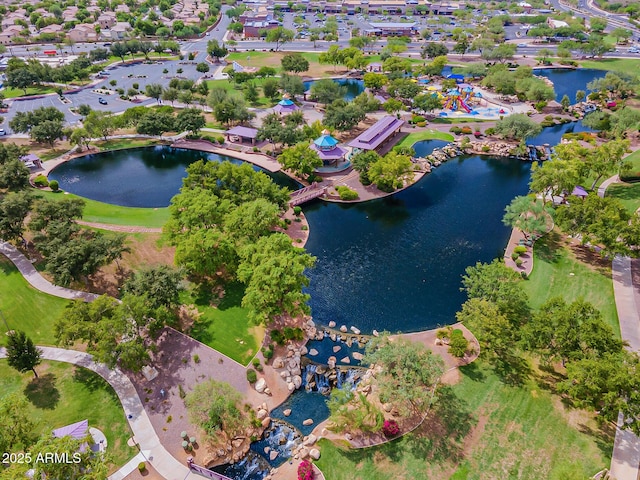 drone / aerial view featuring a water view