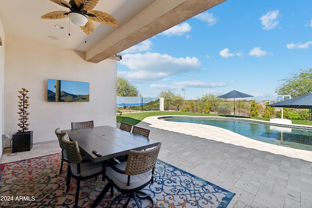 view of patio / terrace featuring ceiling fan and a fenced in pool