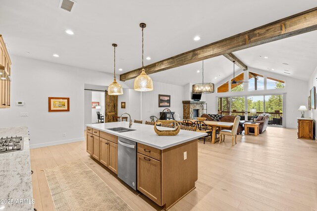3441 S Del Aire Ct Unit 182, Flagstaff, AZ 86005 - kitchen with appliances with stainless steel finishes, light wood-style flooring, a sink, open floor plan, and light countertops