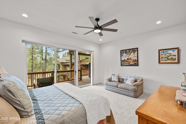 3441 S Del Aire Ct Unit 182, Flagstaff, AZ 86005 - carpeted bedroom featuring access to outside, recessed lighting, baseboards, and a ceiling fan