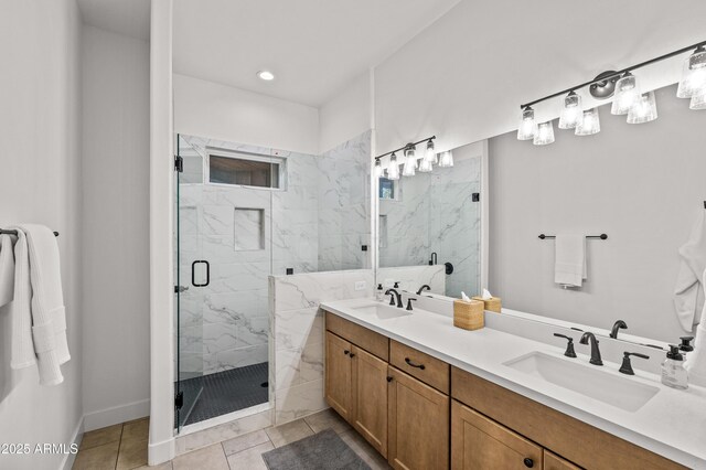3441 S Del Aire Ct Unit 182, Flagstaff, AZ 86005 - full bath featuring a marble finish shower, double vanity, baseboards, and recessed lighting