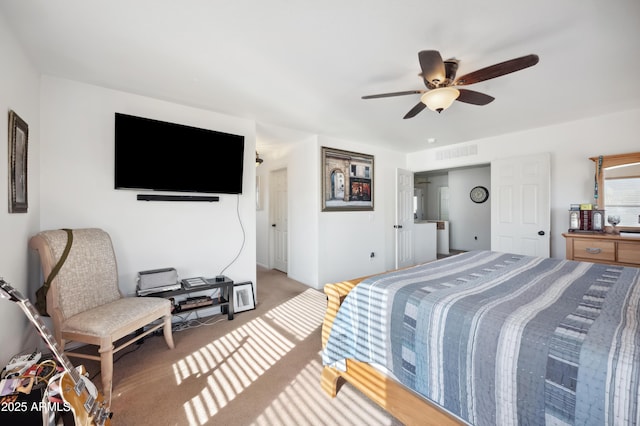 carpeted bedroom featuring ceiling fan