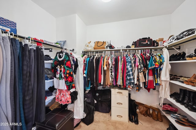 walk in closet with light carpet