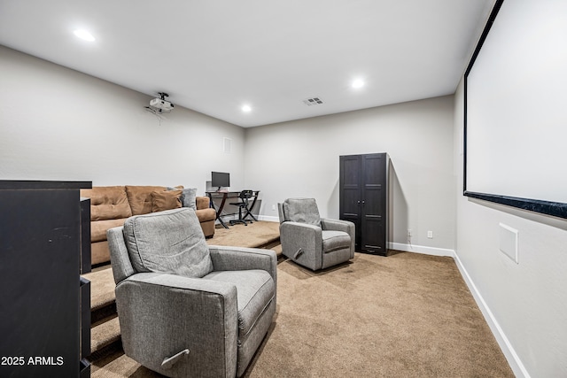 home theater featuring light carpet