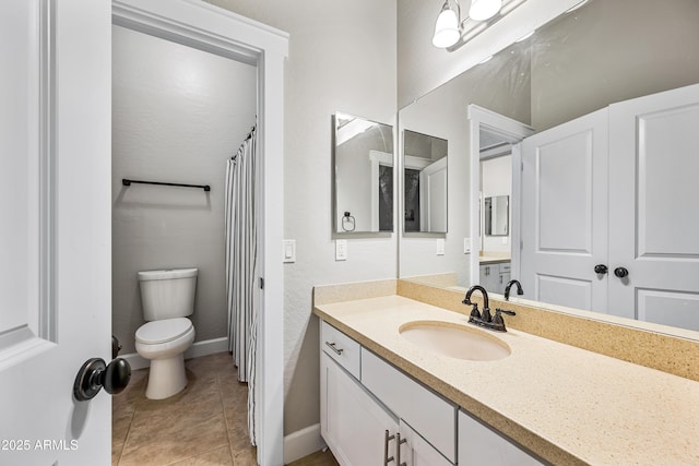 bathroom featuring tile patterned floors, vanity, and toilet