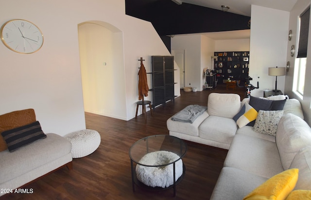 living room featuring dark hardwood / wood-style flooring and vaulted ceiling