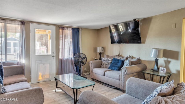 living room featuring light wood-type flooring, a healthy amount of sunlight, and a textured ceiling