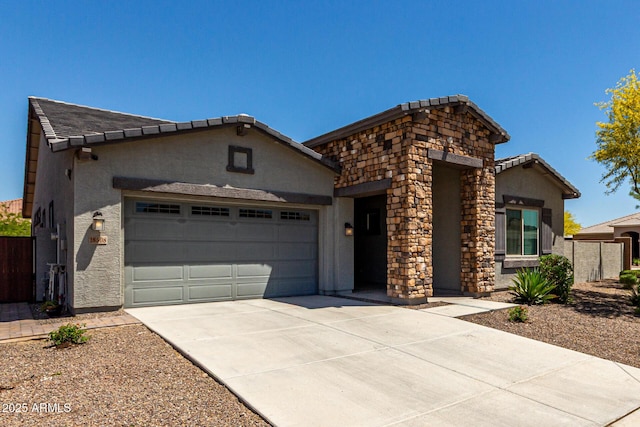single story home featuring a garage, stucco siding, stone siding, and concrete driveway