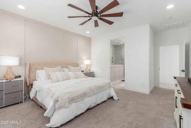 5330 W Thresher Way, Laveen, AZ 85339 - bedroom with recessed lighting, light carpet, connected bathroom, a ceiling fan, and baseboards