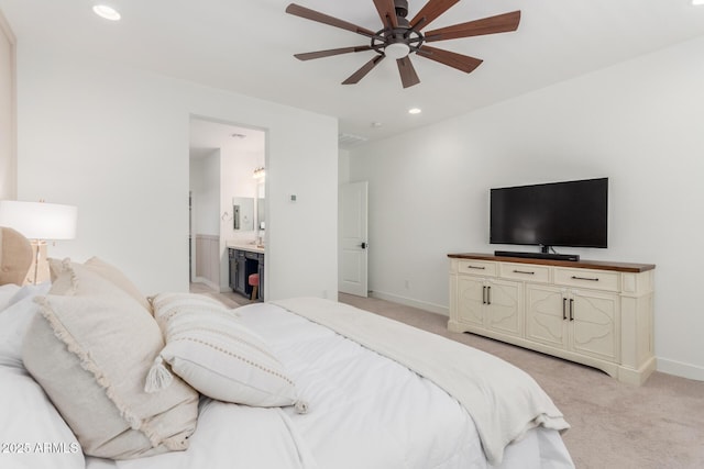 5330 W Thresher Way, Laveen, AZ 85339 - bedroom with light carpet, recessed lighting, baseboards, ensuite bath, and ceiling fan