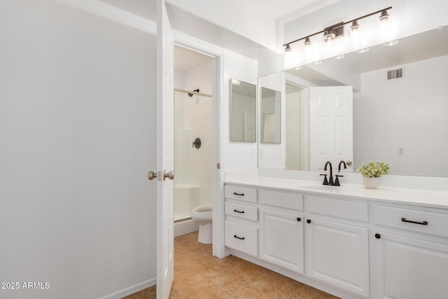 bathroom with tile patterned floors, visible vents, toilet, a shower, and vanity