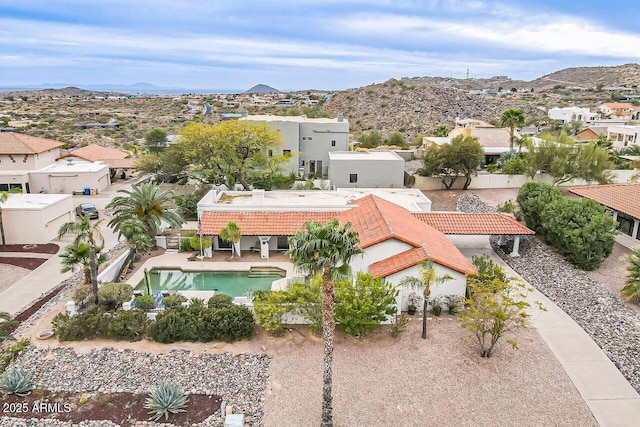 aerial view featuring a residential view and a mountain view