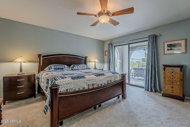 bedroom with ceiling fan, light colored carpet, and access to exterior