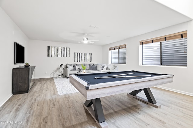 recreation room with light wood-type flooring, ceiling fan, and billiards