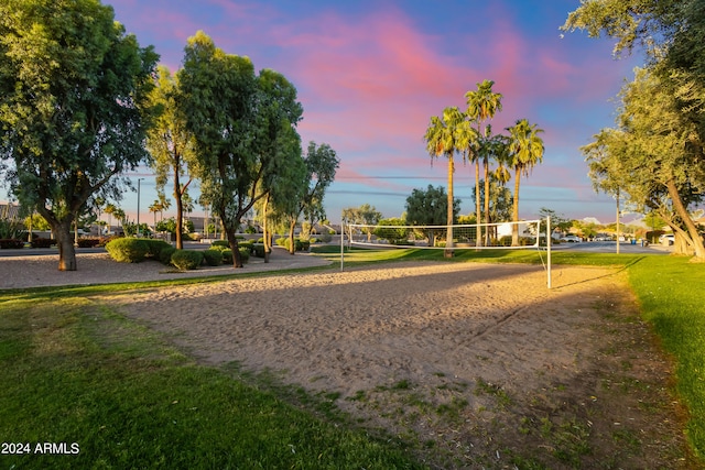 view of community with volleyball court and a lawn