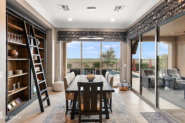 tiled dining space with ornamental molding