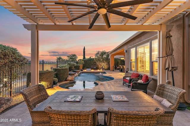 patio terrace at dusk with a fenced in pool, a pergola, an outdoor living space, and pool water feature