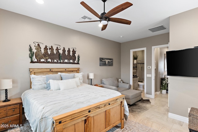 bedroom featuring ceiling fan and ensuite bath