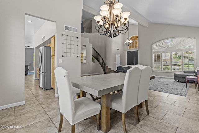 1244 W Straford Ave, Gilbert, AZ 85233 - dining space with a chandelier, stairs, baseboards, beamed ceiling, and high vaulted ceiling