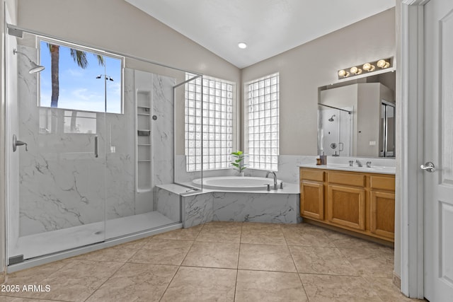 1244 W Straford Ave, Gilbert, AZ 85233 - full bath featuring a garden tub, lofted ceiling, vanity, and a marble finish shower