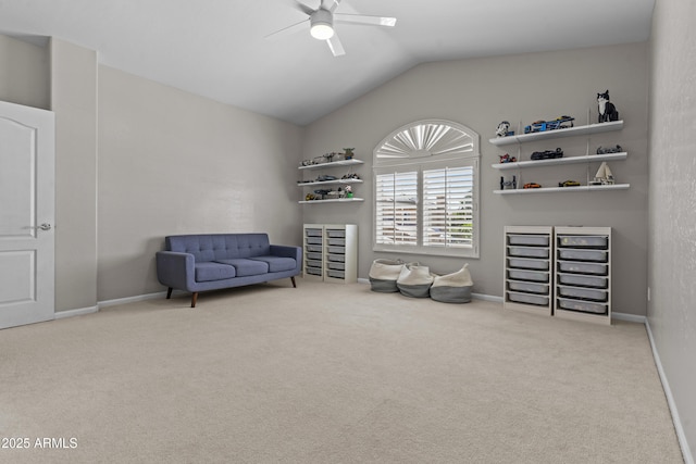 1244 W Straford Ave, Gilbert, AZ 85233 - sitting room with ceiling fan, carpet, lofted ceiling, and baseboards