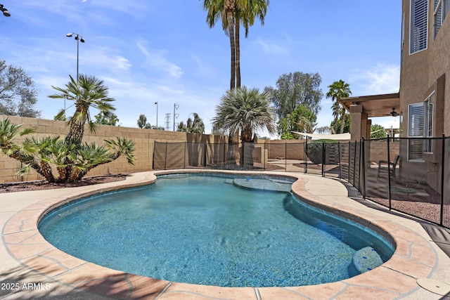1244 W Straford Ave, Gilbert, AZ 85233 - view of swimming pool featuring a fenced backyard, ceiling fan, and a patio area