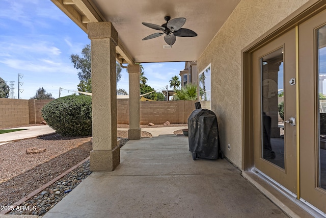 1244 W Straford Ave, Gilbert, AZ 85233 - fenced backyard with a patio, ceiling fan, and a grill