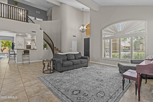 1244 W Straford Ave, Gilbert, AZ 85233 - living area featuring stairs, a chandelier, beam ceiling, baseboards, and high vaulted ceiling