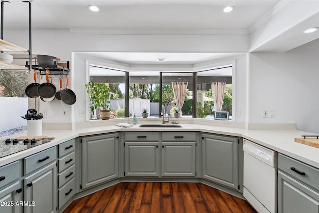 7835 E Cannon Dr, Scottsdale, AZ 85258 - kitchen featuring white dishwasher, gray cabinetry, ornamental molding, dark wood-type flooring, and recessed lighting