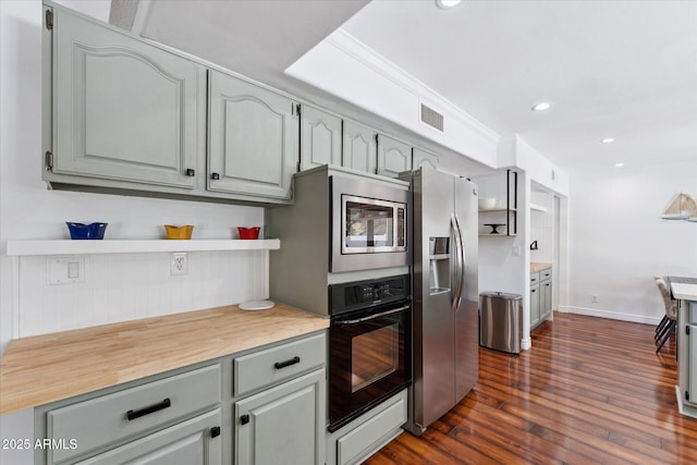 7835 E Cannon Dr, Scottsdale, AZ 85258 - kitchen with stainless steel appliances, open shelves, dark wood finished floors, gray cabinets, and recessed lighting
