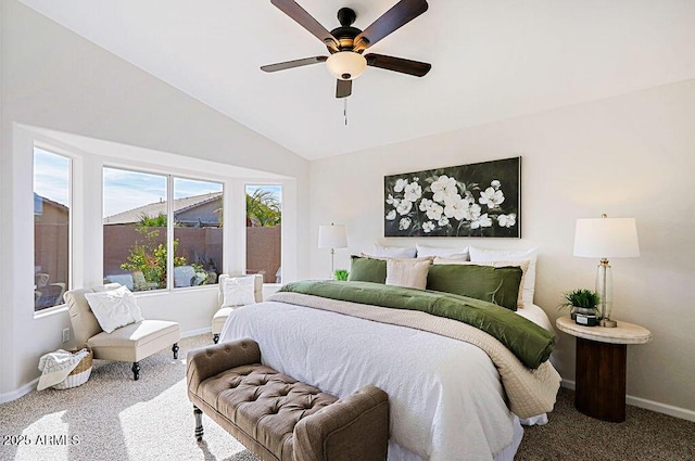 bedroom with lofted ceiling, ceiling fan, and carpet flooring