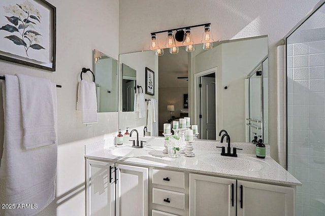 bathroom featuring vanity and a shower with shower door