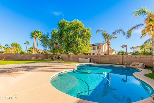 view of pool featuring a fenced in pool, a fenced backyard, and a patio area
