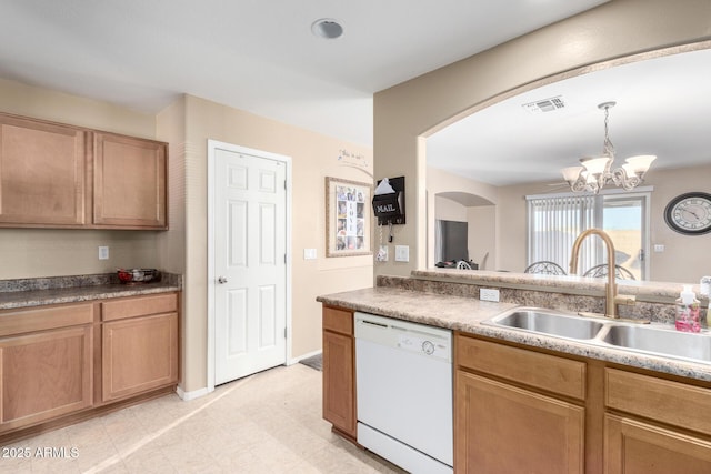 45 S 238th Dr, Buckeye, AZ 85396 - kitchen with visible vents, dishwasher, light countertops, pendant lighting, and a sink