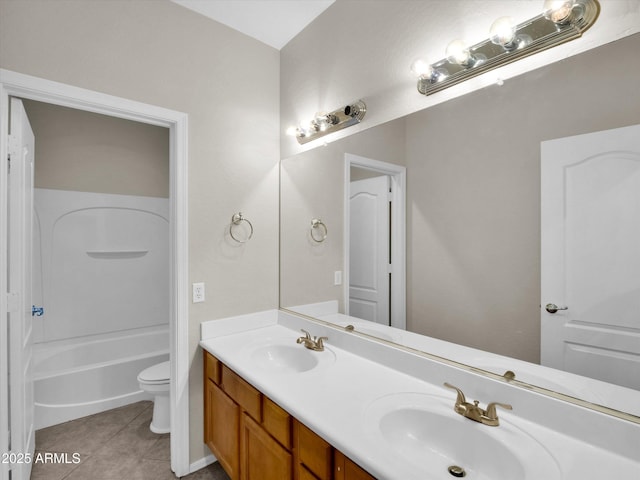 full bathroom with toilet, vanity, tile patterned floors, and  shower combination