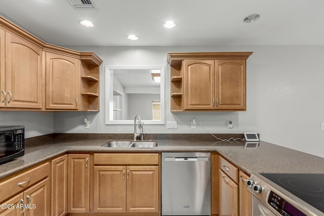 1240 E Indigo St, Mesa, AZ 85203 - kitchen with open shelves, appliances with stainless steel finishes, dark countertops, a sink, and visible vents