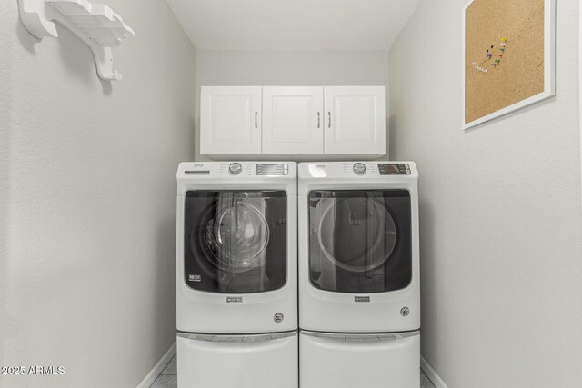 1240 E Indigo St, Mesa, AZ 85203 - laundry room with cabinet space, baseboards, and washing machine and dryer