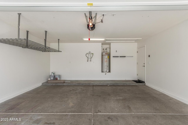 garage with a garage door opener, electric water heater, and baseboards