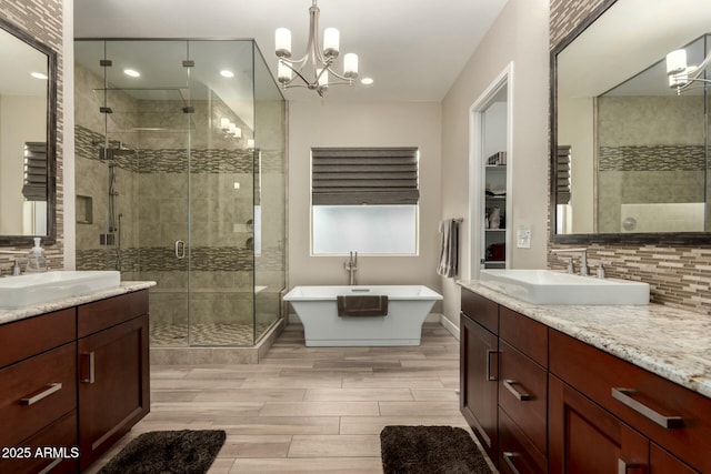 full bathroom featuring a stall shower, two vanities, decorative backsplash, and a sink