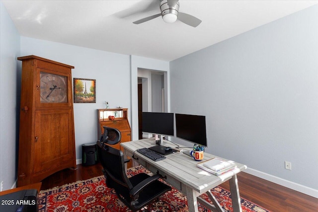 office with ceiling fan and dark wood-type flooring