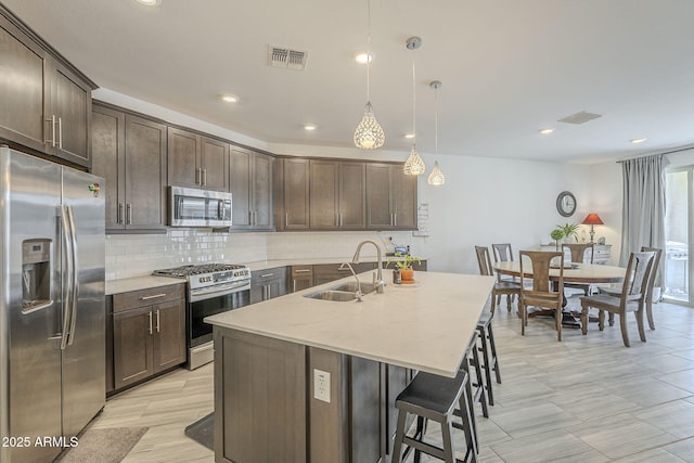 kitchen featuring visible vents, appliances with stainless steel finishes, a sink, dark brown cabinets, and backsplash